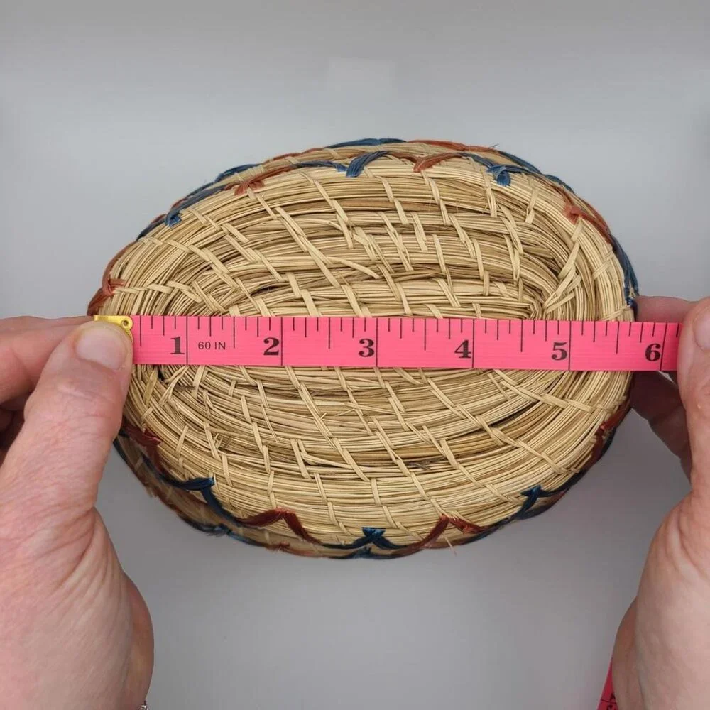 Vintage Handmade Woven Basket with Lid and Raffia Floral Embroidery